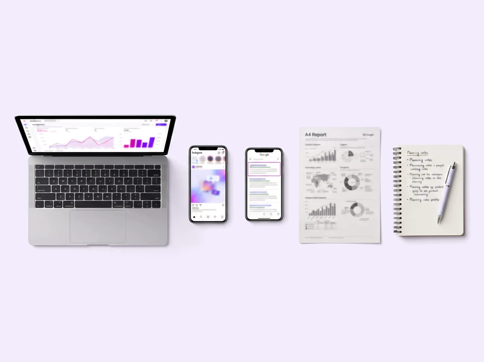 Notebook com painel de resultados, celulares com anúncios no Instagram e no Google e relatório impresso